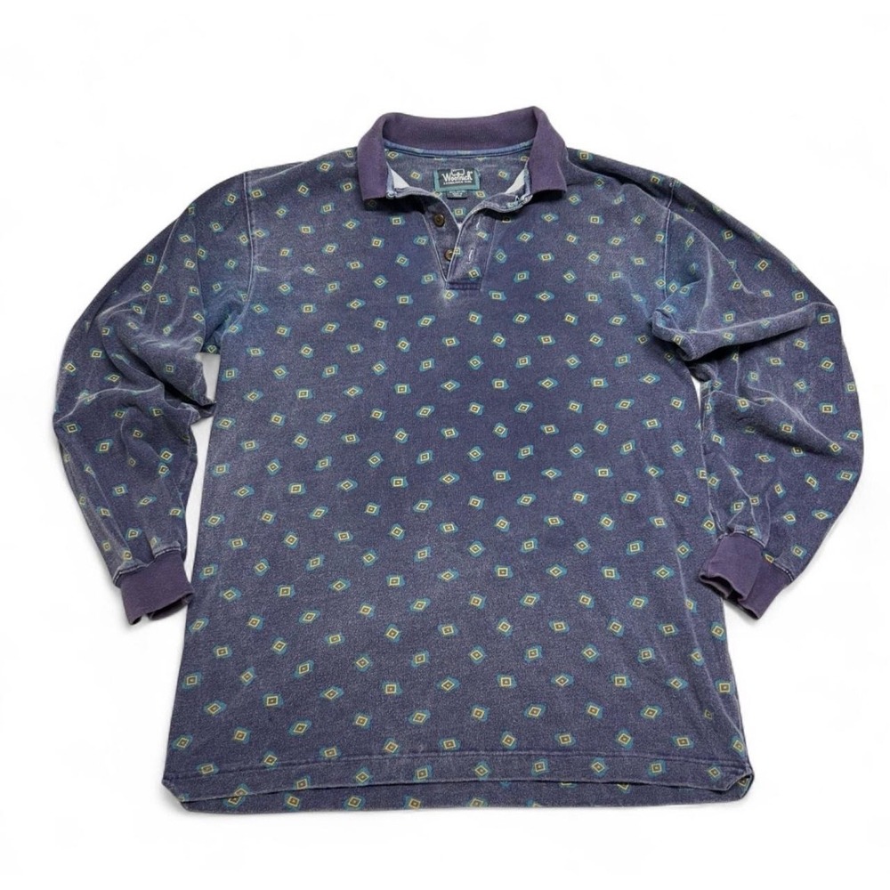 Woolrich Mens China Blue Geometric Diamond Print Long Sleeve Polo Shirt Size M